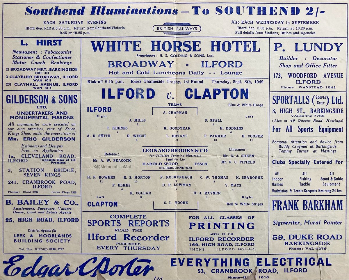 MemorabiliaMal's tweet photo. Ilford FC vs Clapton FC
Essex Thameside Trophy 8/9/49
#Ilford #Clapton #UpTheFoxes #TheTons
@IlfordFC1881 @ClaptonFootball https://t.co/4JgXBC16yu