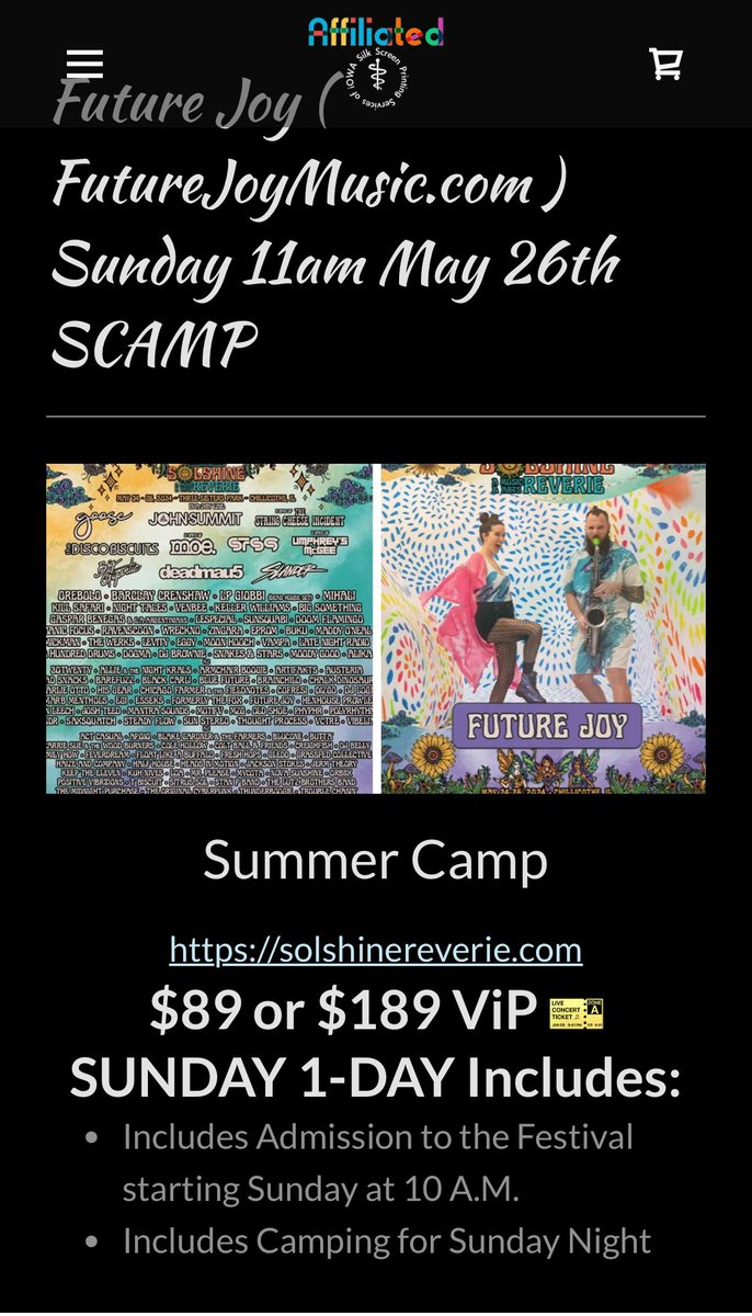 iOWAScreenPrint's tweet image. come see @futurejoymusic with Us(😇) solshinereverie.com #SCAMP 
11 am THiS Sunday @solshinereverie 
May 26th
$89 or $189 ViP 🎫SUNDAY 1-DAY Includes:
Includes Admission to the Festival starting Sunday at 10 A.M.
Includes Camping for Sunday Night
#SummerCamp…
