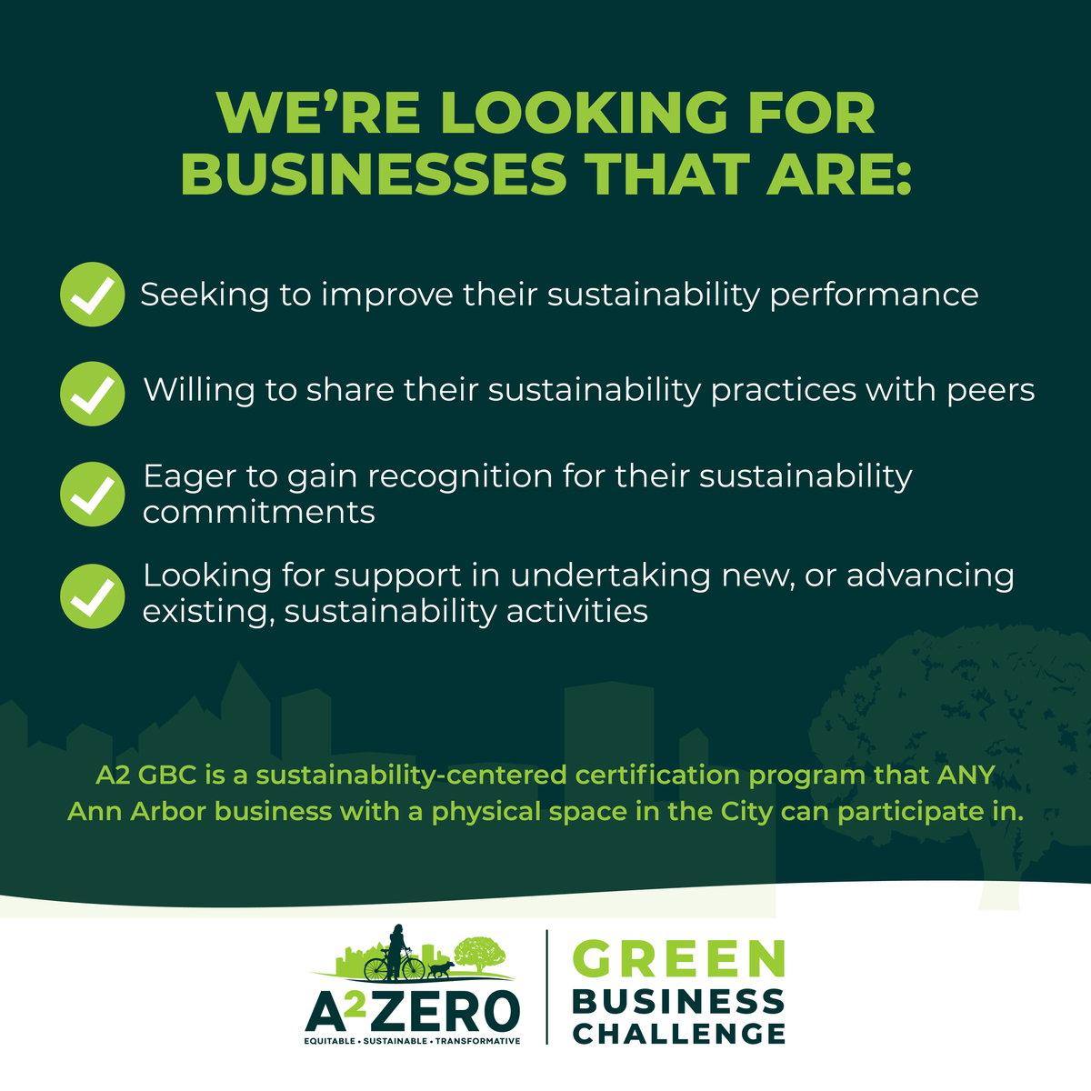 Co-created by the Ann Arbor Office of Sustainability and Innovations and Ann Arbor SPARK, we are proud to come together on the Ann Arbor Green Business Challenge to support local business and sustainability practices for our city! To learn more visit bit.ly/3QoztMT