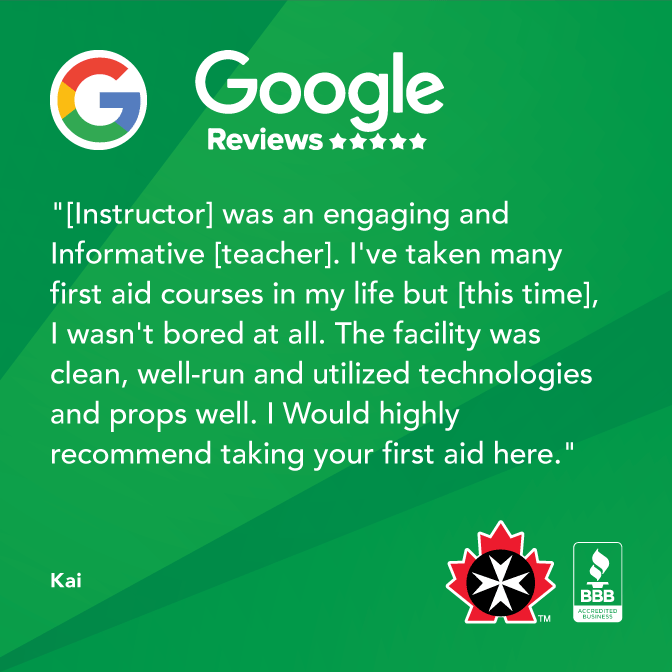 '[Instructor] was an engaging and Informative [teacher] ...The facility was clean, well-run and utilized technologies and props well. I Would highly recommend taking your first aid here.' Thank you for the great review, Kai. We are so proud of our instructors!