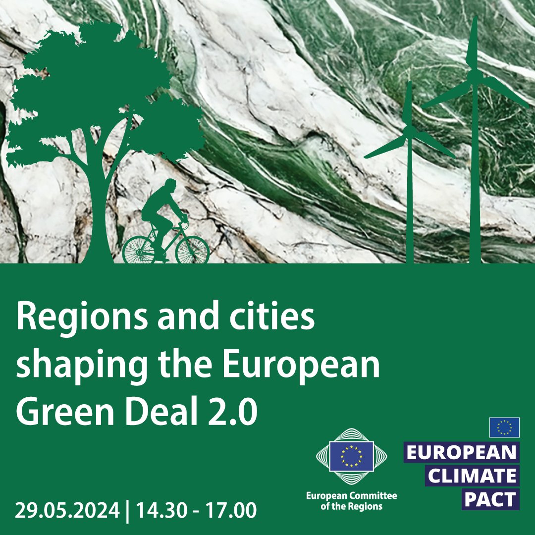 📣 Event alert: Regions and cities shaping the Green Deal 2.0. 🌱 Join us on May 29 as we unite local leaders, EU decision-makers, and #EUClimatePact Ambassadors to present recommendations for a stronger #EUGreenDeal. Register now to the @eumayors event: europa.eu/!hWQqtv