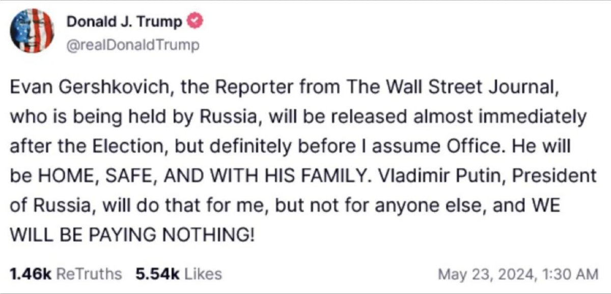 Donald Trump signals to Vladimir Putin to not release an American journalist who is hostage until after the election. A key part of the Constitution we swore to protect and defend is a free press and free speech. All journalists and all Americans should be very afraid of the