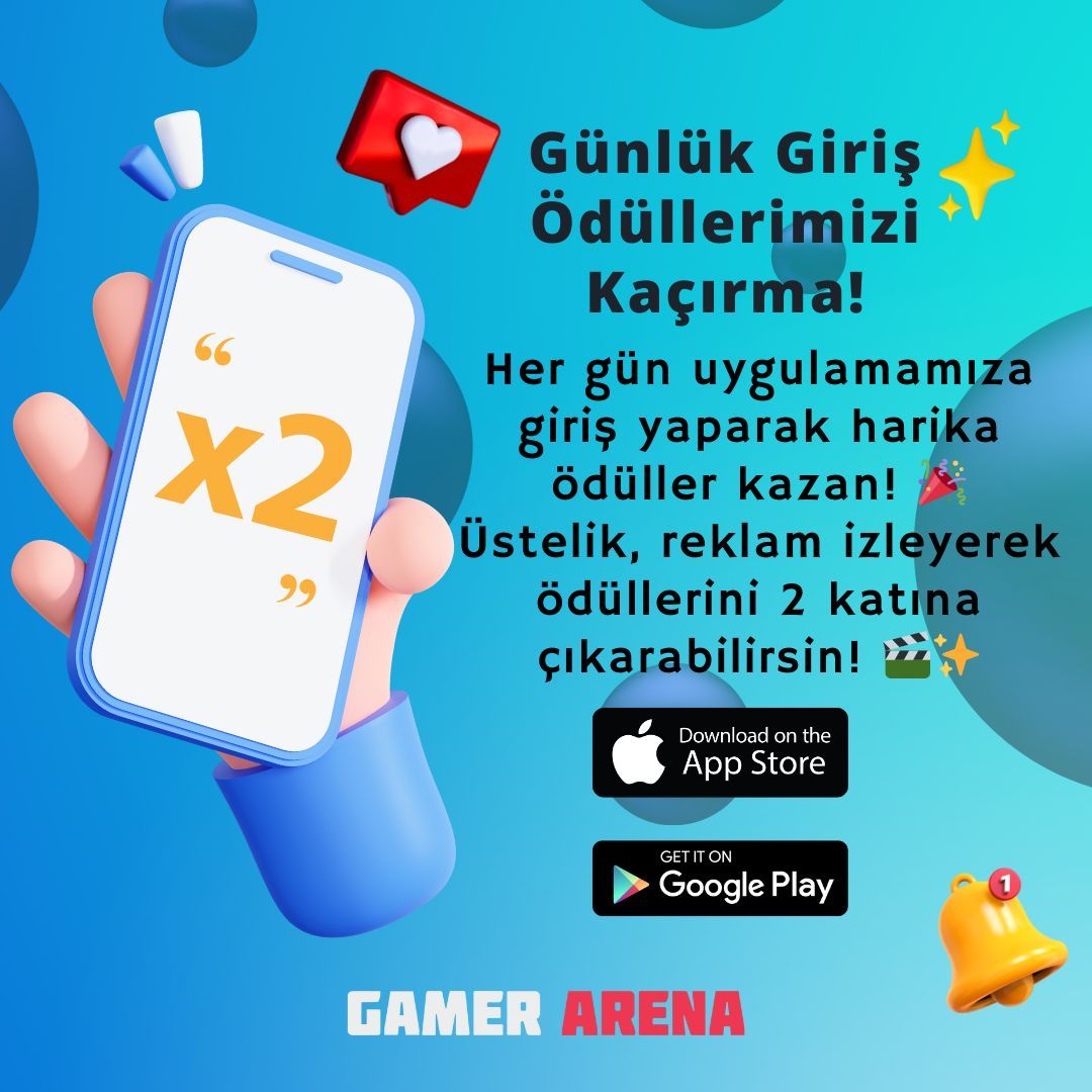 🎁 Günlük Giriş Ödüllerimizi Kaçırma! 🎁

Her gün uygulamamıza giriş yaparak harika ödüller kazan! 🎉 Üstelik, reklam izleyerek ödüllerini 2 katına çıkarabilirsin! 🎬✨

🕛 Her Gün Yeni Fırsatlar:

#GamerArena #MeydanOkuKazan #GAAPP #GASurvey #ChallengeAndEarn