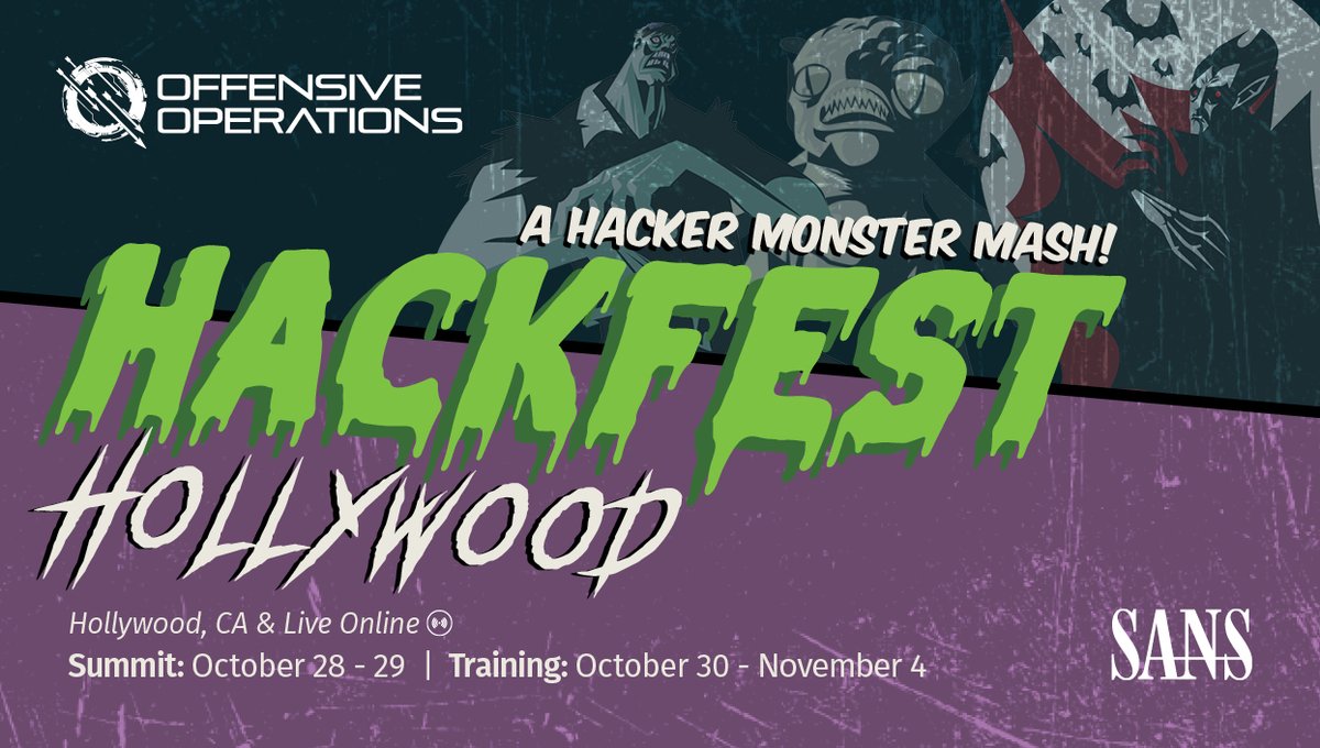📣 Join @Steph3nSims @jon__reiter and the #OffensiveOps community at #SANSHackFest Hollywood this October! Attend to learn the spookiest hacking techniques with monsters of the industry. 

Join us in Tinseltown for an All-Access experience!

🧟‍♀️ Learn More: sans.org/u/1vBt