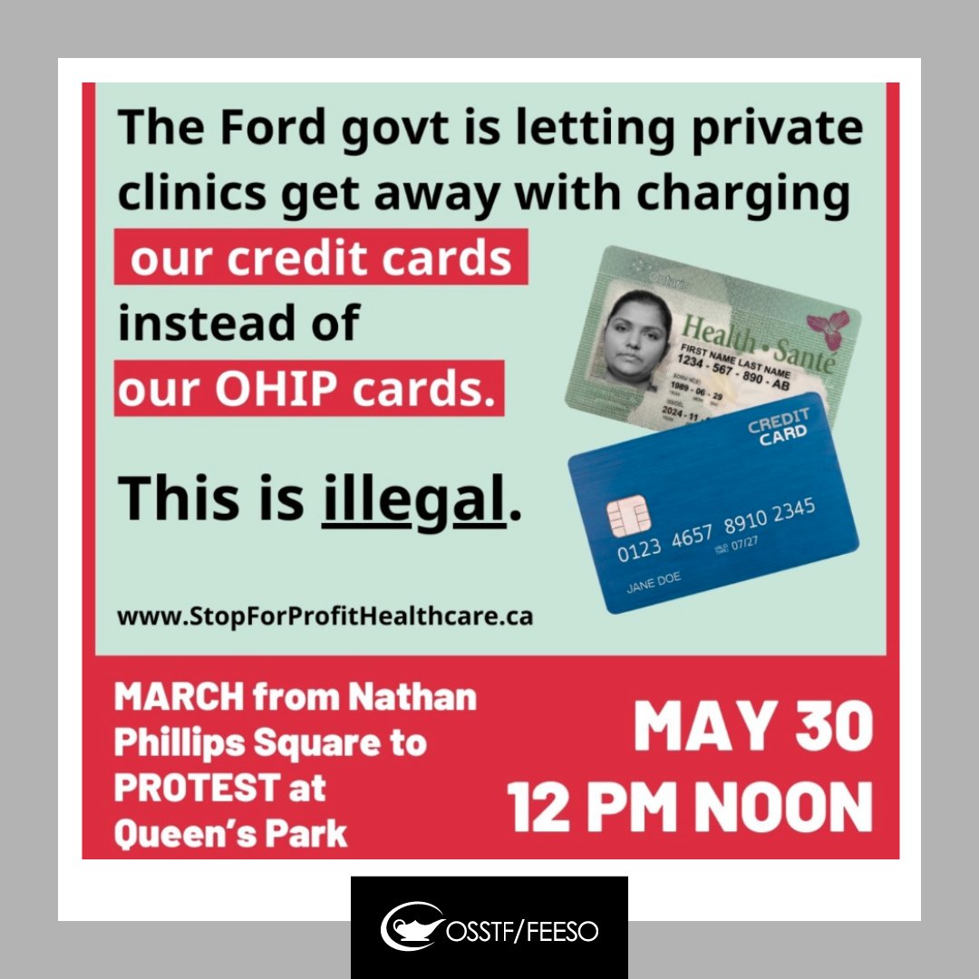 The fighback is on to save public health care! #OSSTF is proud to support the @OntarioHealthC's May 30 Protest & March to save public health care! 📣 Buses to Queen's Park plus alternative events are being organized across Ontario 👉🏼 bit.ly/3Vaa3Fy #OnPoli #OntEd