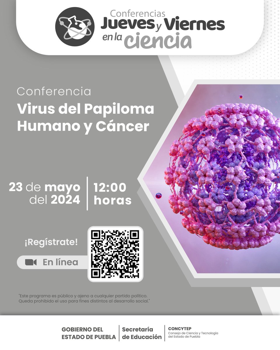 📣 Jueves y Viernes en la Ciencia Conferencia: 'Virus del Papiloma Humano y Cáncer'. 📆 23/05/24 a las 12:00 h. 📋 Ingreso Zoom: t.ly/ya0PZ 🔴 Transmisión: t.ly/boNE4
