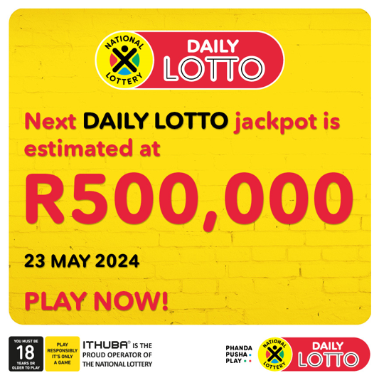 Will TODAY be your lucky day?  Play #DAILYLOTTO for an estimated R500,000 jackpot to find out! Buy your tickets NOW, in-store, on nationallottery.co.za, the Mobile App, cellphone banking or simply dial *120*7529# for USSD. Ticket sales close at 8.30pm on any given draw day.