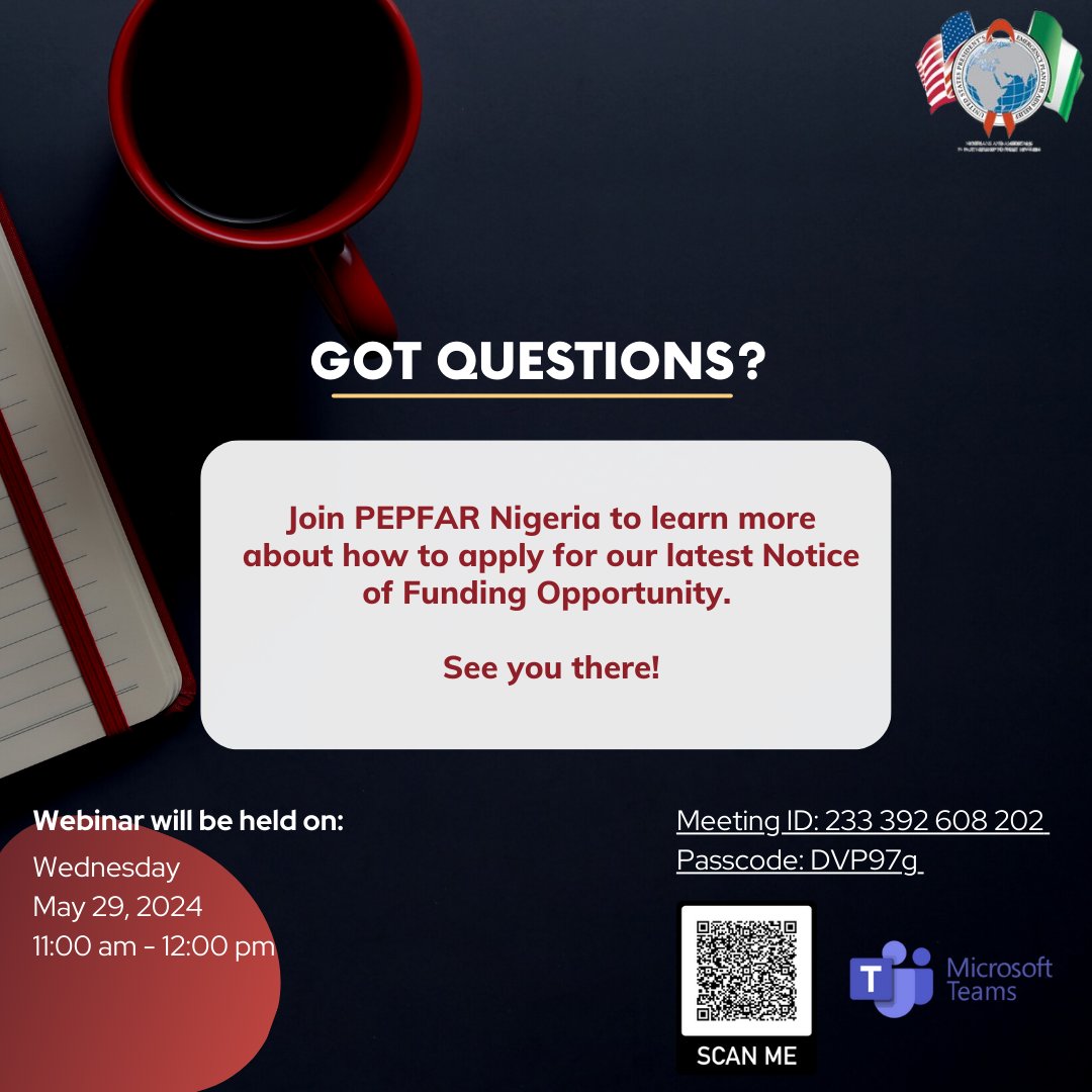 Join @PEPFAR Nigeria's webinar on “Community-Led Monitoring & Virtual Spaces: How to Apply for Funding.” On May 29, 2024, 11AM-12PM, gain insights & support for your community. RSVP: tinyurl.com/3fv32m82 #PEPFARNigeria #SmallGrants #Webinar #CommunityEngagement