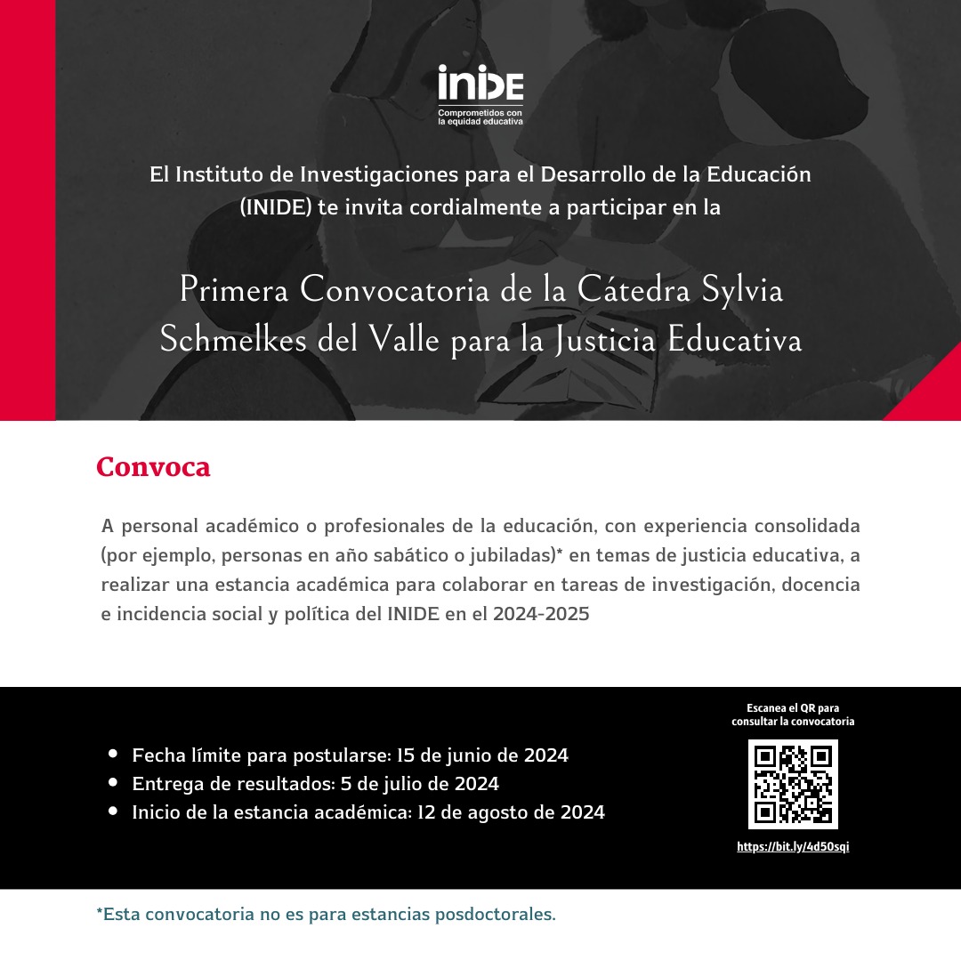 📚Primera convocatoria de la Cátedra Sylvia Schmelkes del Valle para la #JusticiaEducativa, para personal académico o profesionales de #educación con experiencia consolidada y colaborar en investigación, docencia e incidencia del @INIDEdelaUIA. 📲Visite: bit.ly/4d50sqi