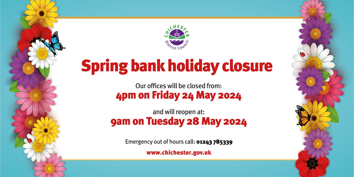 🌻 Bank holiday closure Our offices will be closed from 4pm on Friday 24 May 2024 and will reopen at 9am on Tuesday 28 May 2024. We hope you have a lovely bank holiday. Emergency out of hours call: 01243 785339