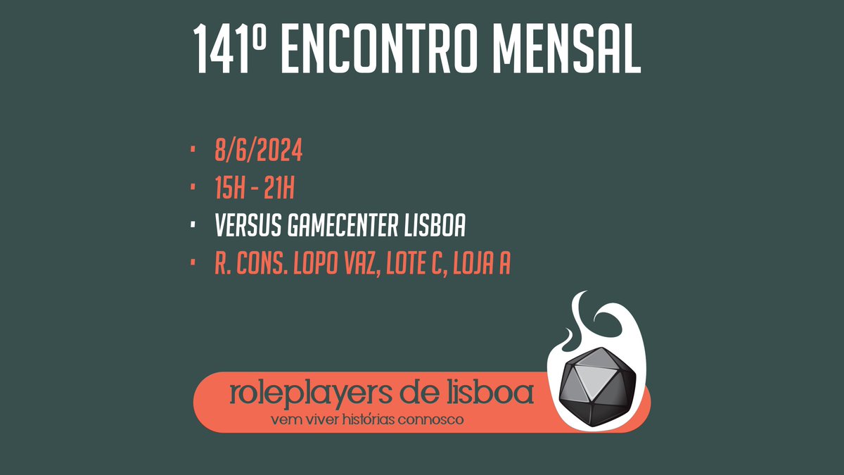 O próximo Encontro de Roleplayers de Lisboa já está marcado para sábado, dia 8 de junho, na loja Versus Gamecenter - Lisboa.

Inscrevam-se na tabela de sessões e venham jogar RPGs de mesa e jogos narrativos connosco.
bit.ly/encontros_role…

Vemo-nos lá!   :)