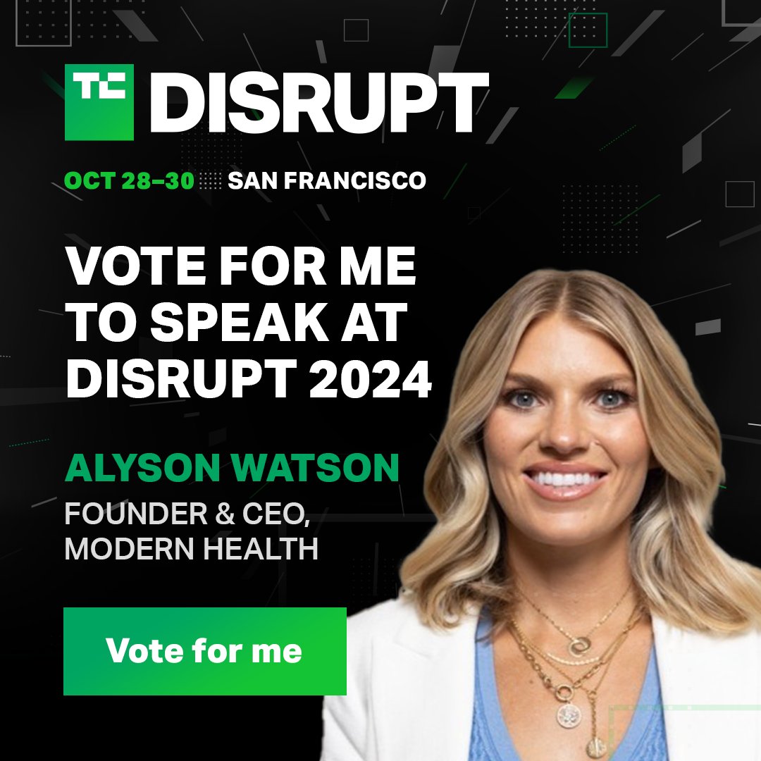 modernhealthco's tweet photo. We're a #TCDisrupt2024 Audience Choice finalist and there's just one day left to vote for our Founder &amp; CEO, Alyson Watson and @kleinerperkins Partner, @mamoonha to take the stage. Vote for here 👉 https://t.co/7uwlmuQcha https://t.co/kAbfDv5Of8