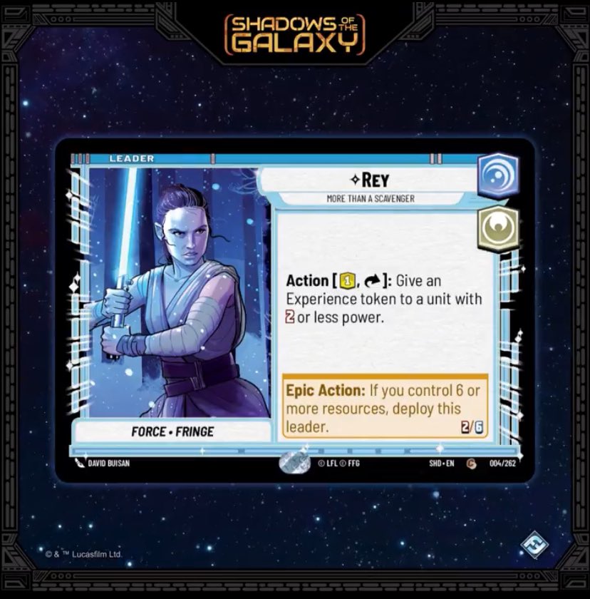 SWUTCG's tweet photo. Fortalece a tus aliados y cura tu base con Rey como lider de SOMBRAS DE LA GALAXIA. 
#starwarsunlimited https://t.co/A4P5lAGehJ
