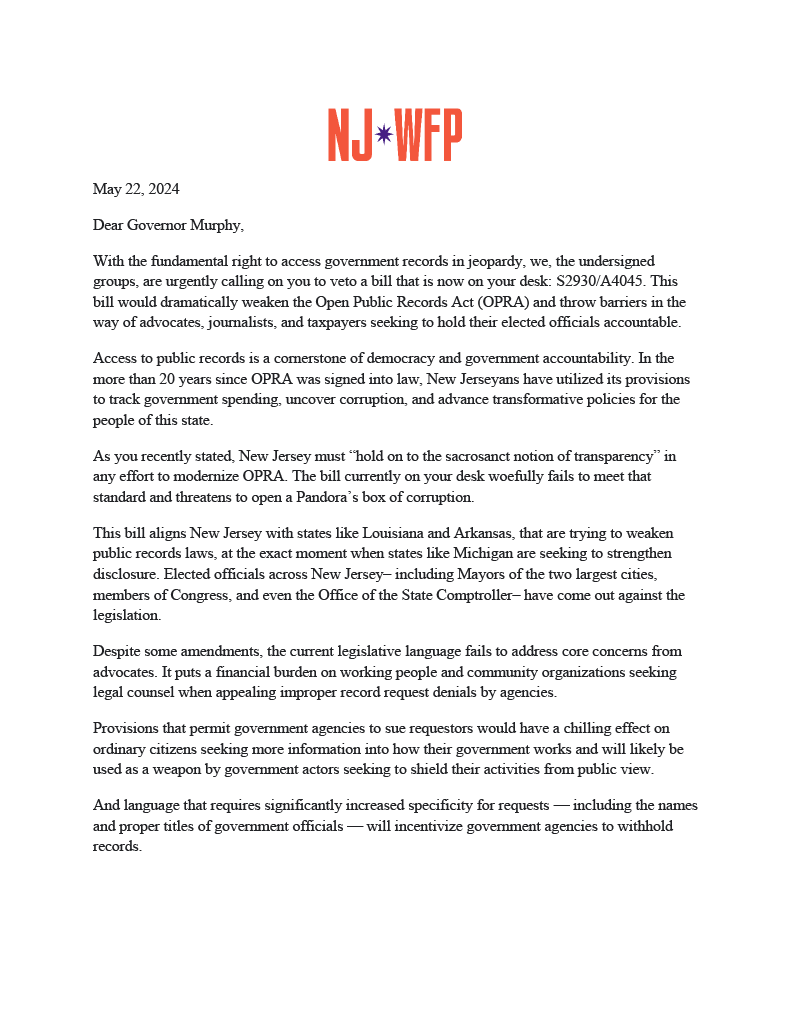 NJWFP's tweet image. NEW: Nearly 100 organizations from across NJ, including labor unions, social and racial justice groups, and pro-democracy advocates call for @GovMurphy to veto a bill that decimates the OPRA law.

Read the full letter ⬇️