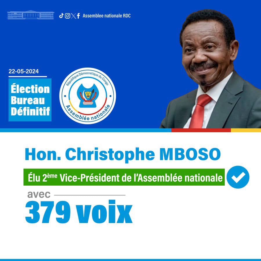Mes très sincères Félicitations au deuxième Vice Président de l’Assemblée Nationale, l’ Honorable Christophe MBOSO.