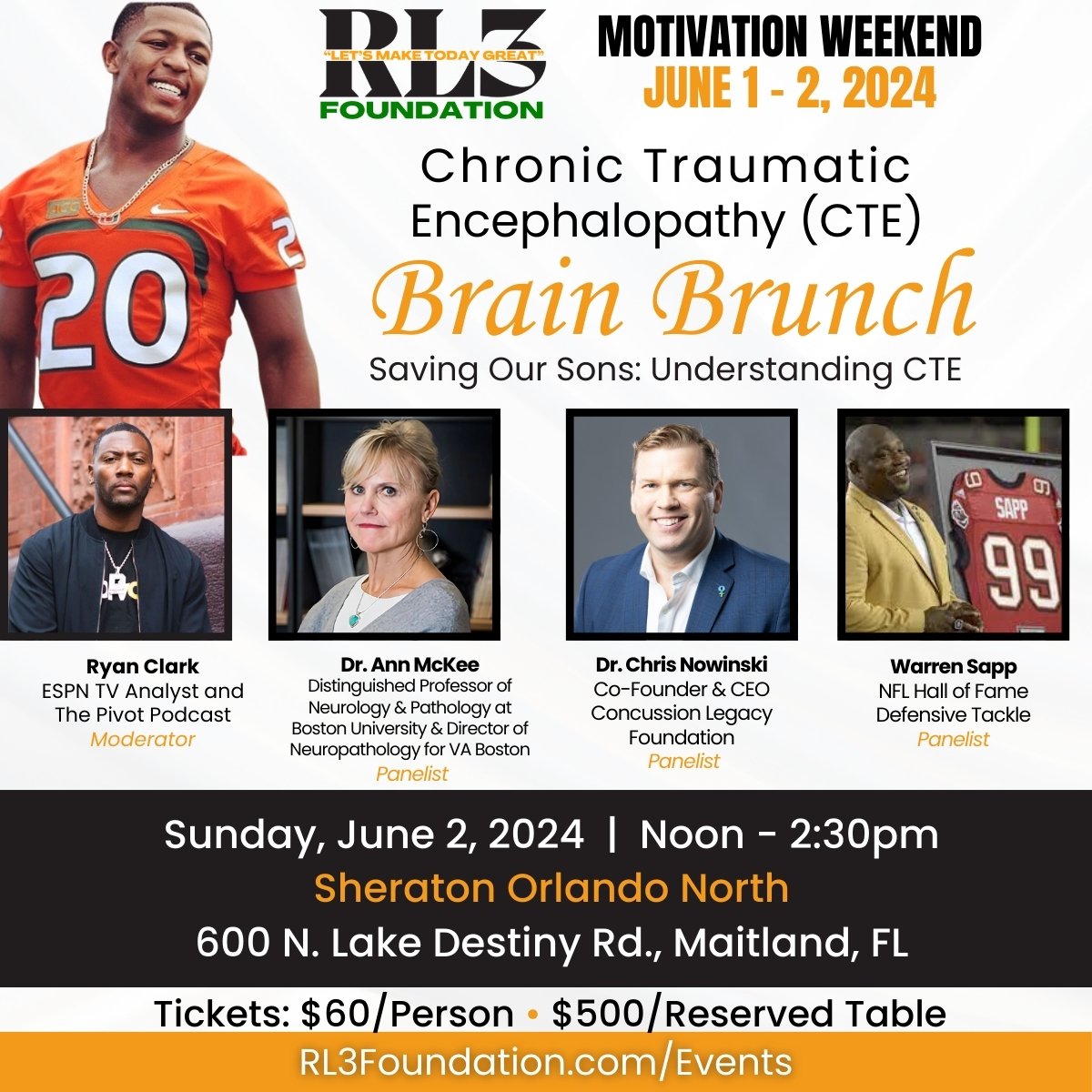 RL3 Foundation will host 'Saving Our Sons: Understanding CTE' brunch June 2 in Orlando, supporting CTE research and safer football. Panel includes Ray Lewis, Warren Sapp, CLF CEO Dr. Chris Nowinski, Dr. Ann McKee & moderator Ryan Clark. Info & tickets: eventbrite.com/e/rl3-foundati…