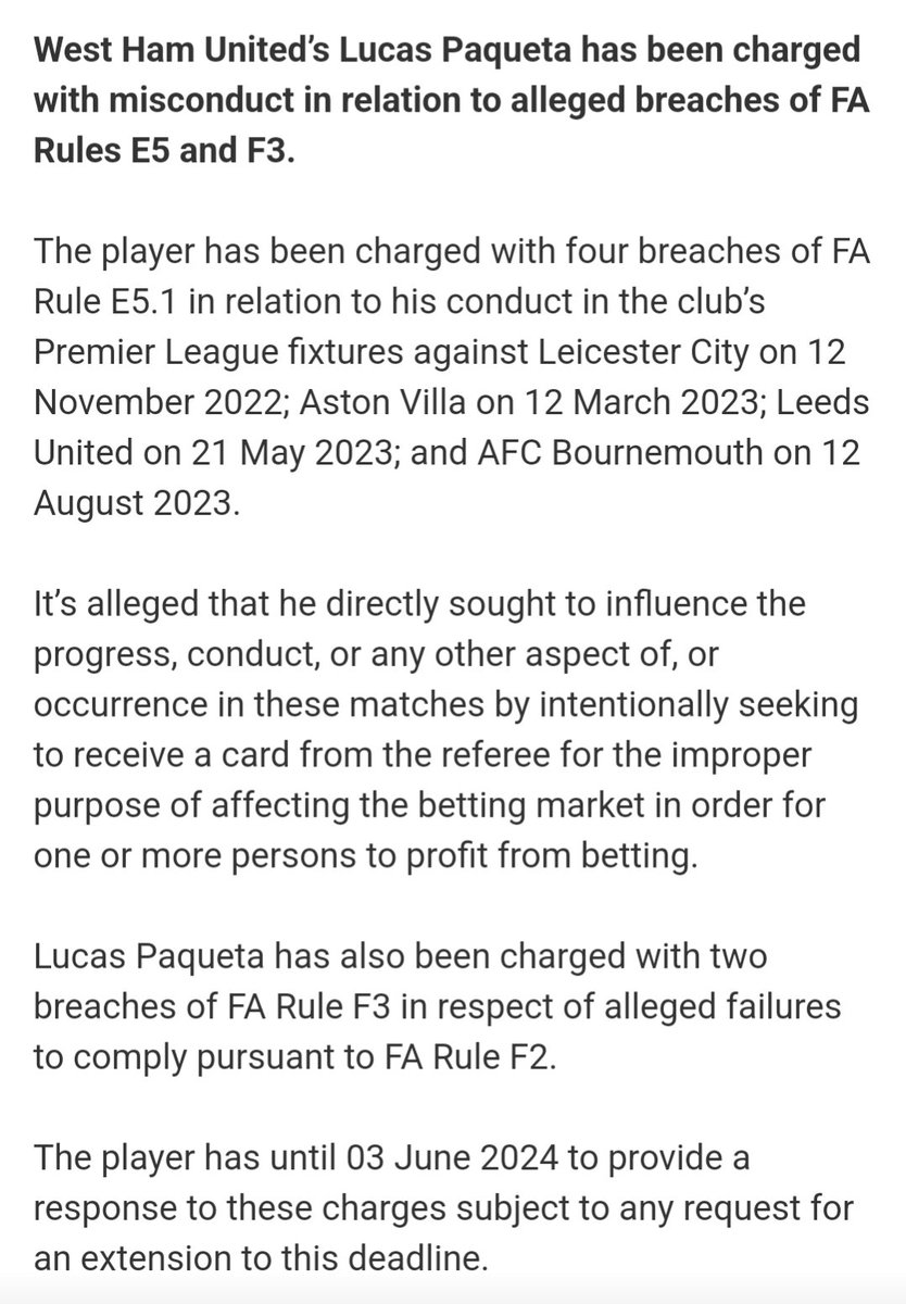 #WHUFC midfielder Lucas Paqueta charged for breaching FA betting rules @talkSPORT