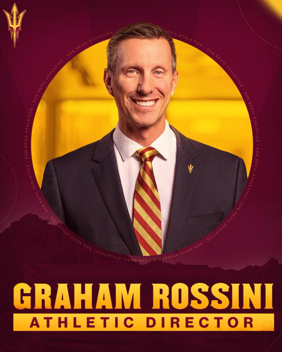 A Sun Devil at the helm 🔱 Arizona State University and Sun Devil Athletics are excited to announce Graham Rossini as the new Athletic Director. 📰 bit.ly/RossiniNamedAS… #ForksUp /// #O2V