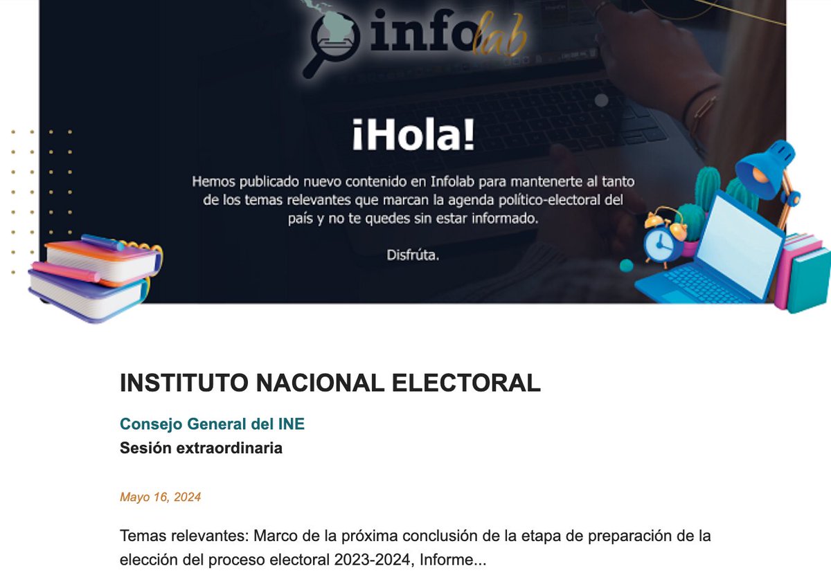 InfoLab_LE's tweet photo. 📣 ¡No te pierdas el resumen de la sesión extraordinaria del Consejo General del INE! Visita nuestro sitio web en 📷 https://t.co/180oDZ83BT , suscríbete y accede a todos nuestros beneficios.
#Elecciones2024MX #Infolab https://t.co/VpOTFG5UaN