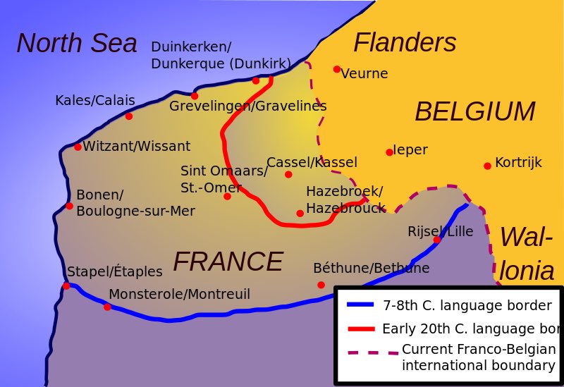Flemish/French language change in France over time.

Calais used to bilingual till the 15th century. St. Omer till the 18th. 

Dunkirk area (annexed later) was Flemish till the 1950s. 

So Delacroix from Boulogne-sur-mer is actually a Flemish painter. De Gaulle was Flemish too.