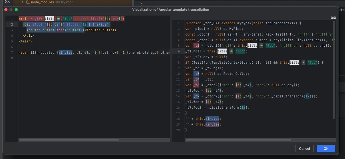 PiotrekTomiak's tweet image. I've been recently working on improving type checking in @angular templates in @WebStormIDE. I've ported Angular template transpilation (aka Type Checking Blocks) logic to Kotlin and the results are fetched to our ng-Volar plugin to evaluate types on TypeScript language server.