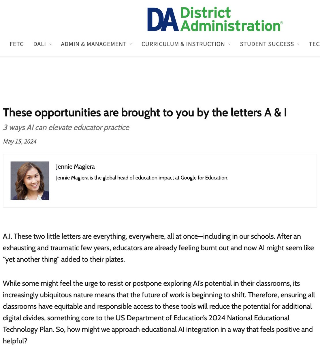 Tom Driscoll (@tomdriscolledu) on Twitter photo "Lead with the Need" Thoughtful article here by <a href="/MsMagiera/">Jennie Misong Magiera</a> that articulates how the exploration of AI in schools should focus on addressing important needs and challenges, rather than just chasing trends. buff.ly/4bTQozn @GoogleforEdu <a href="/DA_magazine/">DA magazine</a> #AI #EDU #GenAI "Lead with the Need" Thoughtful article here by <a href="/MsMagiera/">Jennie Misong Magiera</a> that articulates how the exploration of AI in schools should focus on addressing important needs and challenges, rather than just chasing trends. buff.ly/4bTQozn @GoogleforEdu <a href="/DA_magazine/">DA magazine</a> #AI #EDU #GenAI