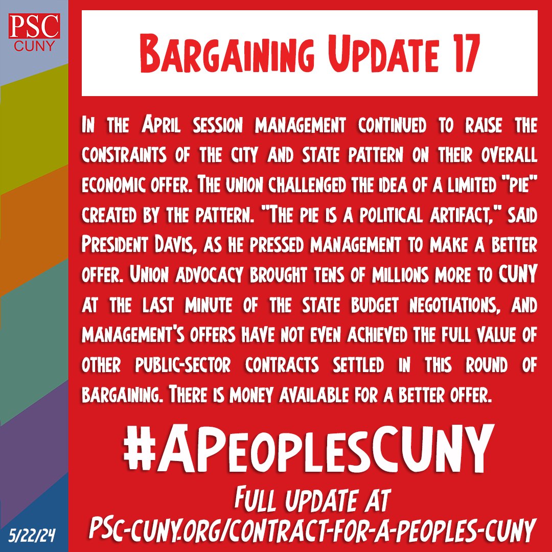 In the April session management continued to raise the constraints of the city & state pattern on their overall economic offer. The union challenged the idea of a limited “pie” created by the pattern... Contract for #APeoplesCUNY More details here: psc-cuny.org/issues/contrac…