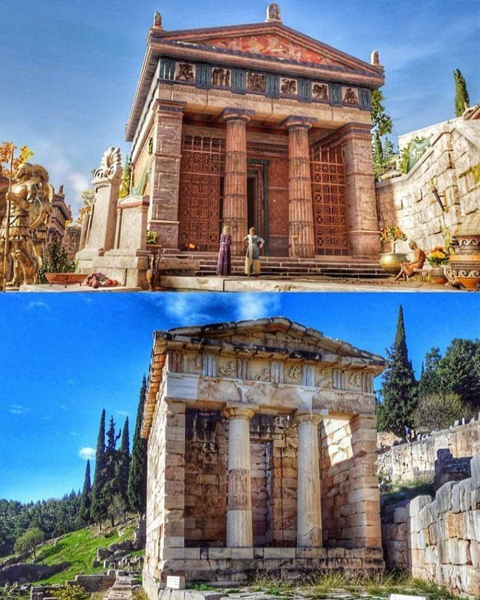 Then vs Now :

The Treasury of Athenians in Delphi, Greece : 

The Treasury of the Athenians is one of the most impressive buildings in the Sanctuary of Apollo in Delphi. The treasuries were actually buildings where the city-states used to safeguard their loots from wars and