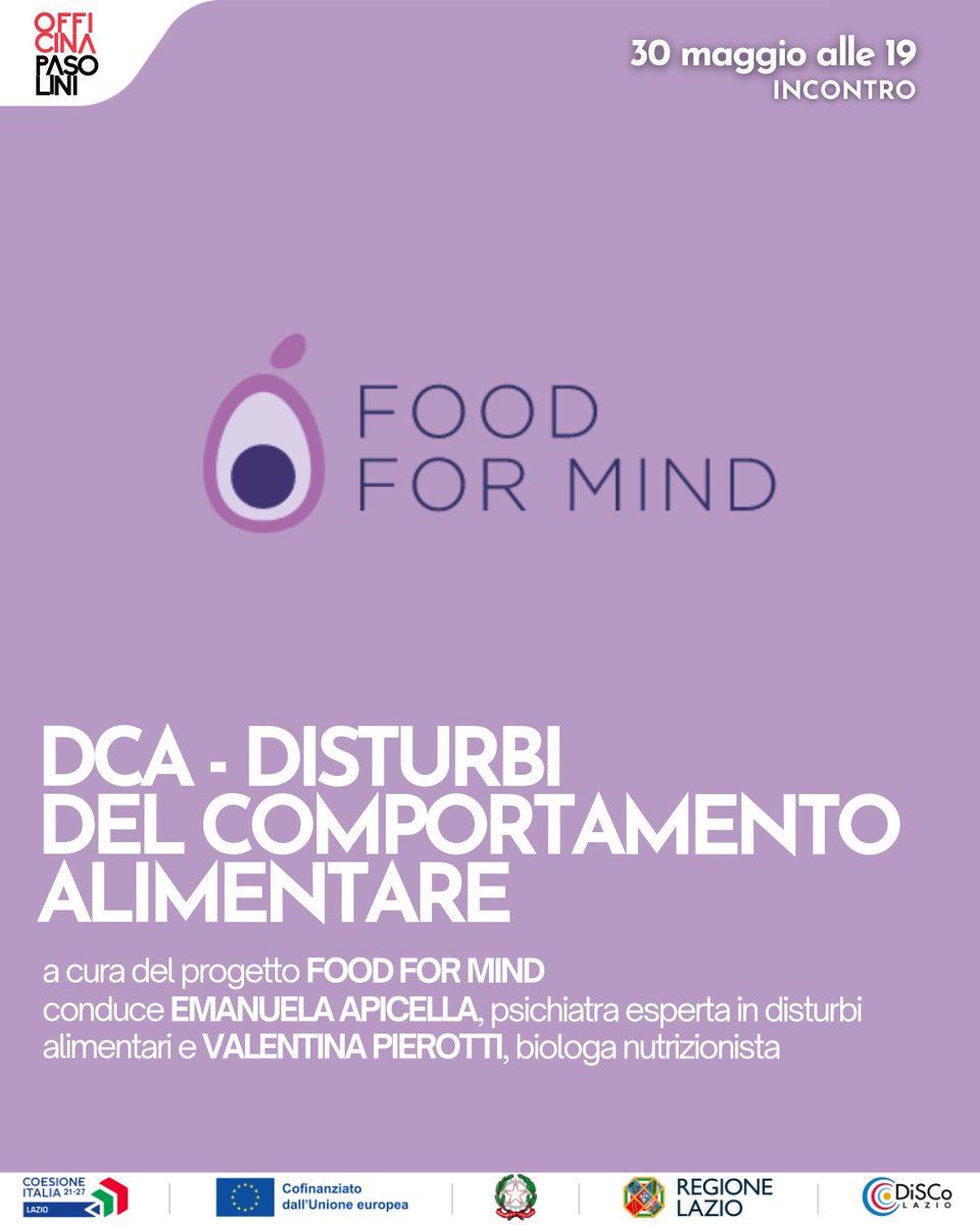 Il 30 maggio dalle 19 a Officina Pasolini si parlerà di Disturbi del Comportamento Alimentare con <a href="/francifialdini/">Francesca Fialdini</a>, Emanuela Apicella, Valentina Perotti e Valentina Farinaccio. Ingresso gratuito prenotando qui:
eventbrite.it/e/nella-tana-d…
#DCA #OfficinaPasolini