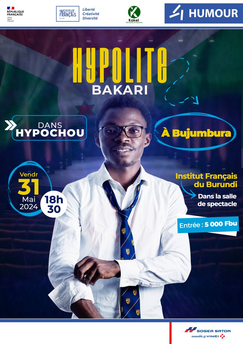 IFBurundi's tweet image. | SAVE THE DATE - HUMOUR |

😆 Vendredi prochain, nous vous donnons rendez-vous pour une soirée 100% humour avec le spectacle HYPOCHOU de l'humoriste Hypolite Bakari !

📆 Vendredi 31 mai à 18h30 dans la salle de spectacle de l'IFB
💸 Tarif unique : 5 000 BIF

#humour #rires