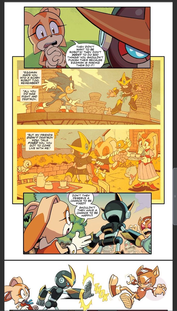 RaeInkwell1920's tweet photo. Sonic IDW has such a nice development for gemerl. His bond with cream is such a highlight in this arc. I love how his character develops with cream's sweet nature teaching him to be more aware of his actions and how it affects people. #sonicidw #sonicthedhedgehog #gemerl https://t.co/IrCN1Ymc7f