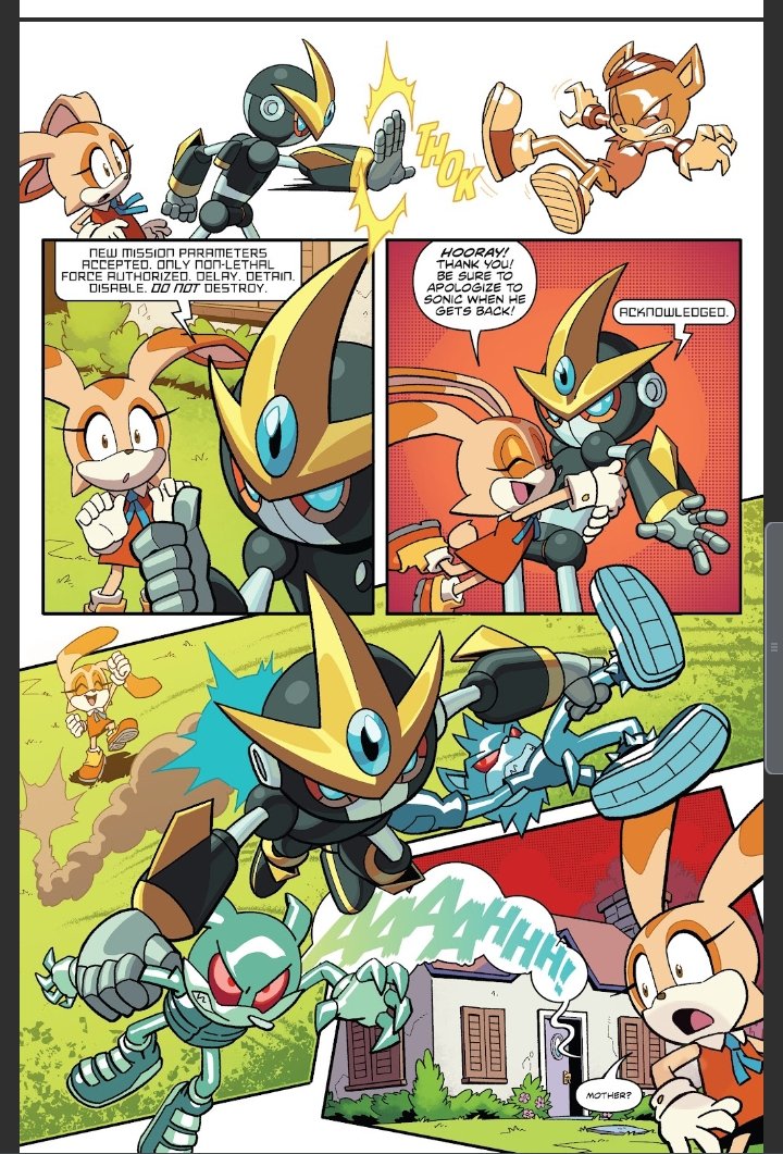 RaeInkwell1920's tweet photo. Sonic IDW has such a nice development for gemerl. His bond with cream is such a highlight in this arc. I love how his character develops with cream's sweet nature teaching him to be more aware of his actions and how it affects people. #sonicidw #sonicthedhedgehog #gemerl https://t.co/IrCN1Ymc7f