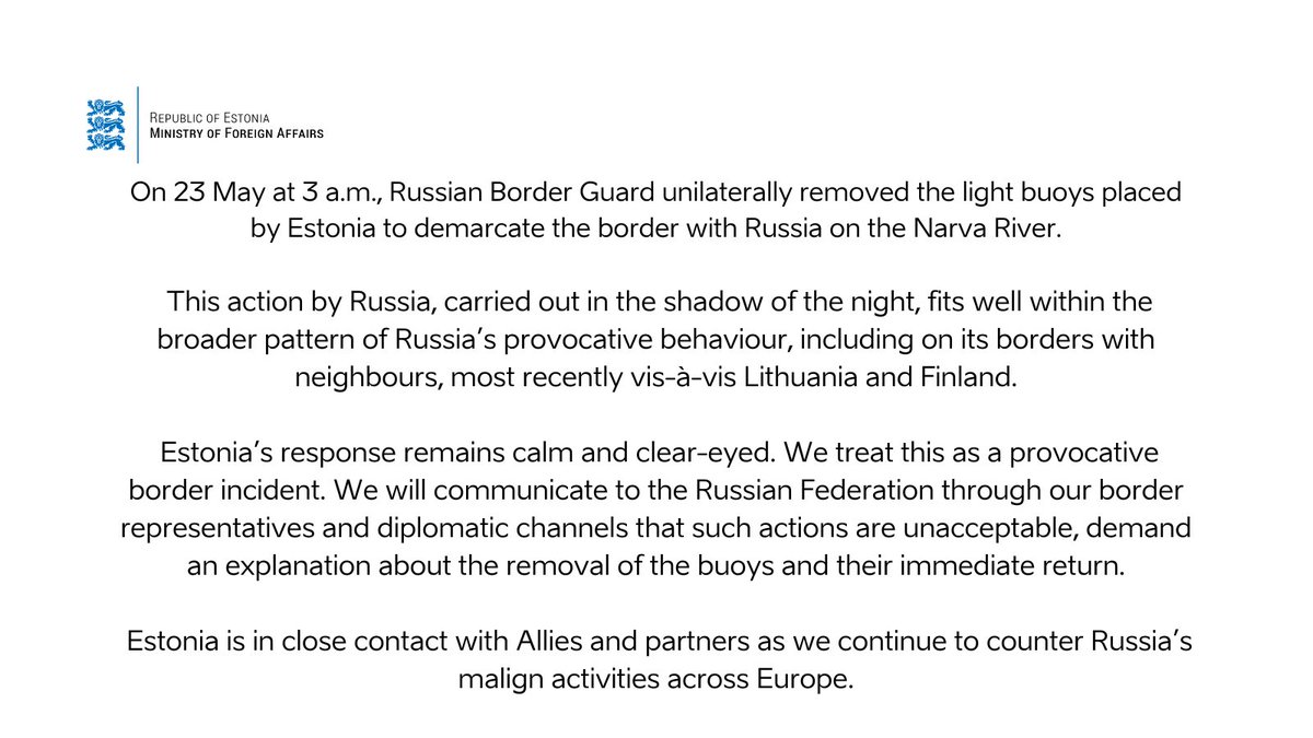 Statement of the #Estonian Ministry of Foreign Affairs regarding tonight's border incident on the Estonian-Russian border on the Narva River