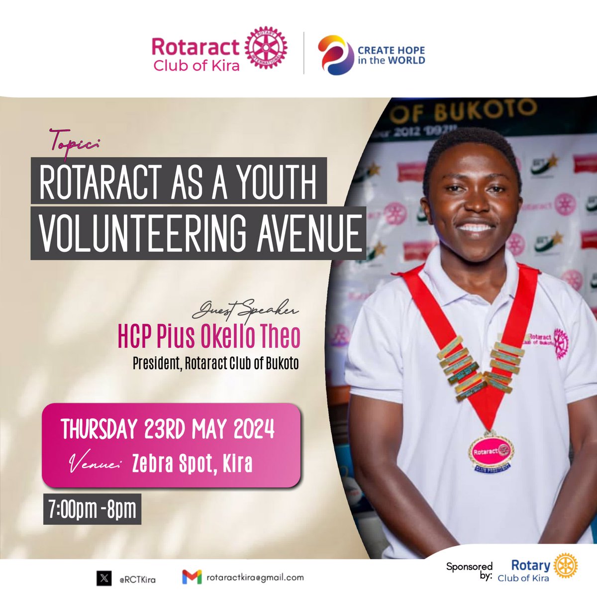 Hello 👋 

Join us this evening at Zebra spot kira 
Topic:Rotaract as a Youth Volunteering avenue 
⏰7Pm 

Join online ;
meet.google.com/khf-bchw-hia