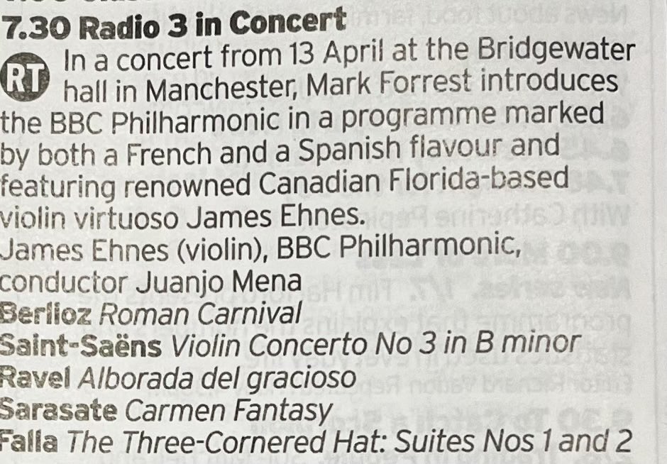 You can do the fandango (or habanera, farruca or perhaps the jota). Your partners will be ⁦@JamesEhnes⁩ and ⁦@BBCPhilharmonic⁩. Dancing shoes on and castanets at the ready. See you 7.30pm ⁦@BBCRadio3⁩