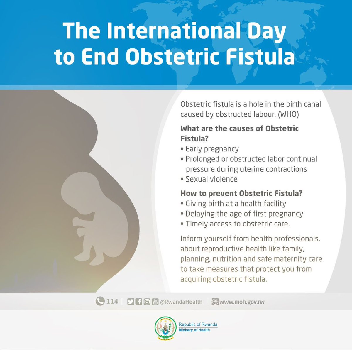 #EndFistulaRwanda: This May 23rd, stand with women. Stigma & silence only worsen Obstetric Fistula. Let's support healing & reintegration. 

Learn more about #fistula👇 

Graphic: @RwandaHealth