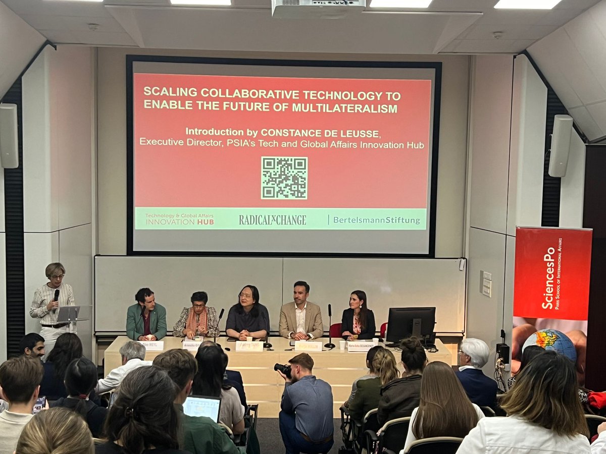 Opening tonight's event on technology for democracy, Constance de Leusse of PSIA's Tech and Global Affairs Innovation Hub welcomes an expert panel comprising @glenweyl, @AranchaGlezLaya, @audreyt, @HullinMartin, and @MDohaBesancenot. #PlaceToSpeak