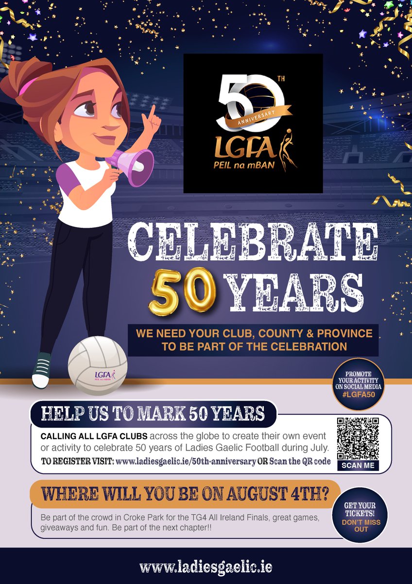 Join in the celebrations! 🥳 The LGFA turns 50 on July 18 and we're asking all clubs and counties to help celebrate this milestone across the month of July! 🙌 Find out how you can get involved 🎉 ➡️ bit.ly/3UzgjoM #LGFA50