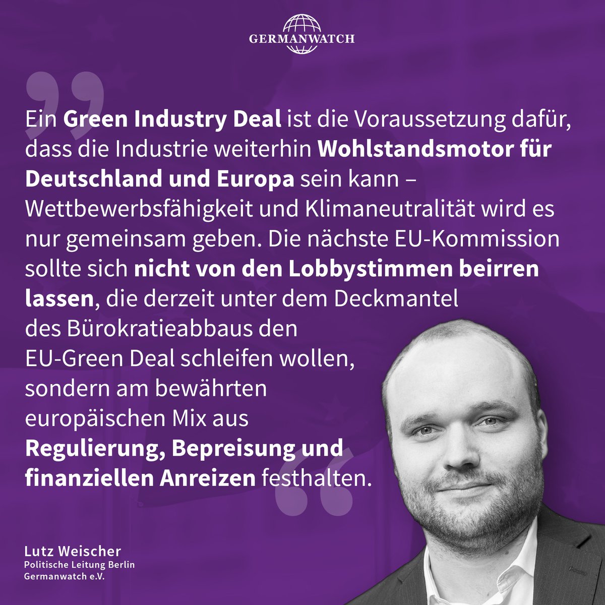 Germanwatch's tweet photo. "Green Industry Deal" statt Stillstand: Vor den morgigen Beratungen der EU-Wirtschaftsminister:innen fordert @Germanwatch gemeinsam mit @naturschutzring, @WWF_Deutschland und @igbce ein Kurshalten beim EU Green Deal.

Zum Appell: https://t.co/ujx9xnG6xA https://t.co/y9jGhbQsNn