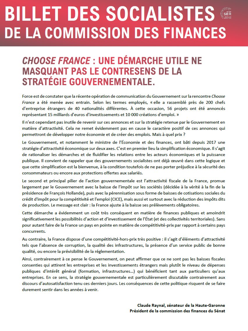 🪙 Le rendez-vous des socialistes de la commission des finances n°9⃣. @ClaudeRaynal, sénateur de la Haute-Garonne et président de la commission des finances, interroge 'Choose France' et ce qui provoque réellement l'attractivité économique de la France. senateurs-socialistes.fr/le-groupe/comm…