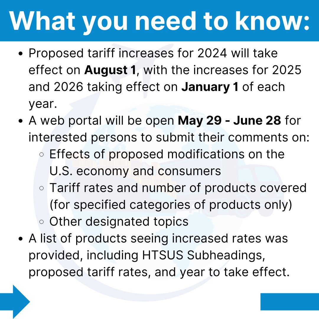 Premio_Intl's tweet photo. On Wednesday, USTR released a notice with details on proposed Section 301 tariff modifications. We've summarized the key points from the notice in the infographics below.

Full notice: https://t.co/XihIKsiQqA 
Web portal for comments (opens May 29): https://comments.ustrgov/ https://t.co/Xm4dtSHjun