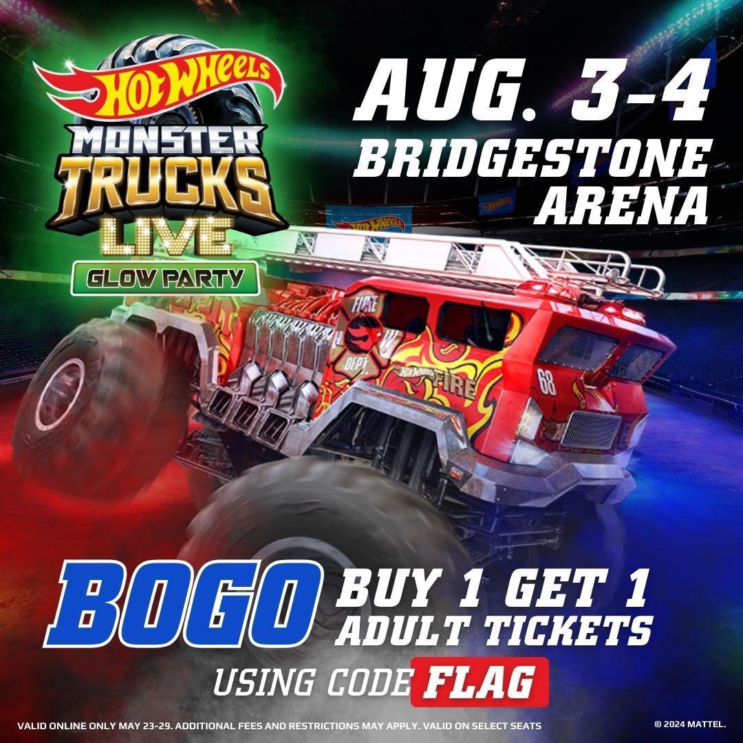 BOGO OFFER🚨 Hot Wheels Monster Trucks Live Glow Party will be here on Aug. 3-4 & they are celebrating Memorial Day with a BOGO offer on select adult tickets! 🏁 Use code FLAG to unlock this offer before selecting your tickets: bit.ly/3Q7lIC6 *Offer ends 5/29 at 11:45 pm