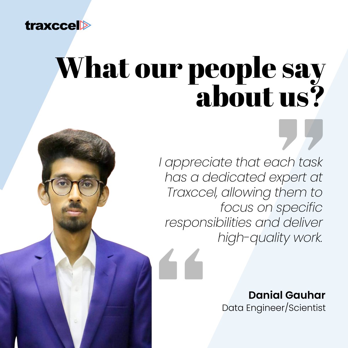 We believe that our success is fueled by the talent and dedication of our people.

Hear what one of our team members says about us.

Learn more at: traxccel.com/aboutus

#peoplespotlight #ourpeople #teammember #peoplefirst #employeegrowth #traxccel