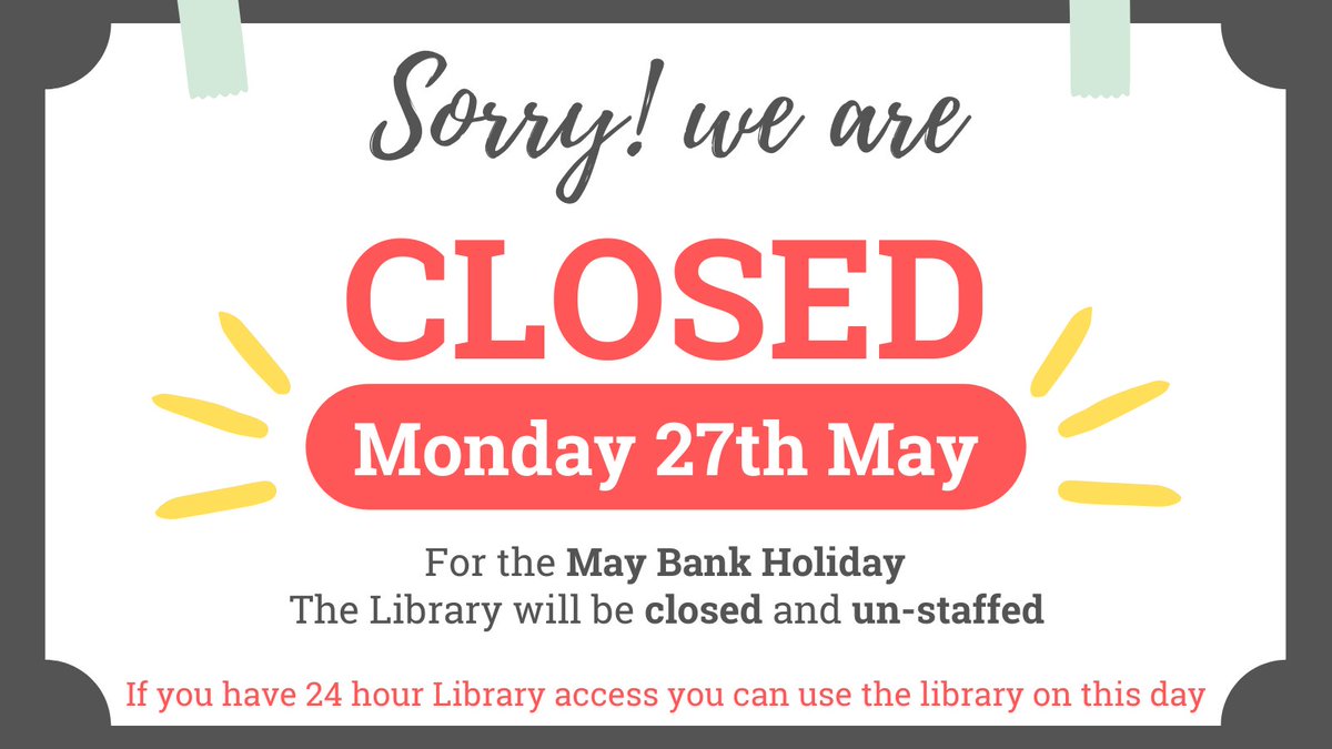 Reminder!

Both GRH and CGH Libraries will be closed for the bank holiday on Monday 27th. 24 hour access is available as normal via swipe access at GRH (if you have this set up) or via the code on the door at CGH.

We hope you have a wonderful long weekend 😃