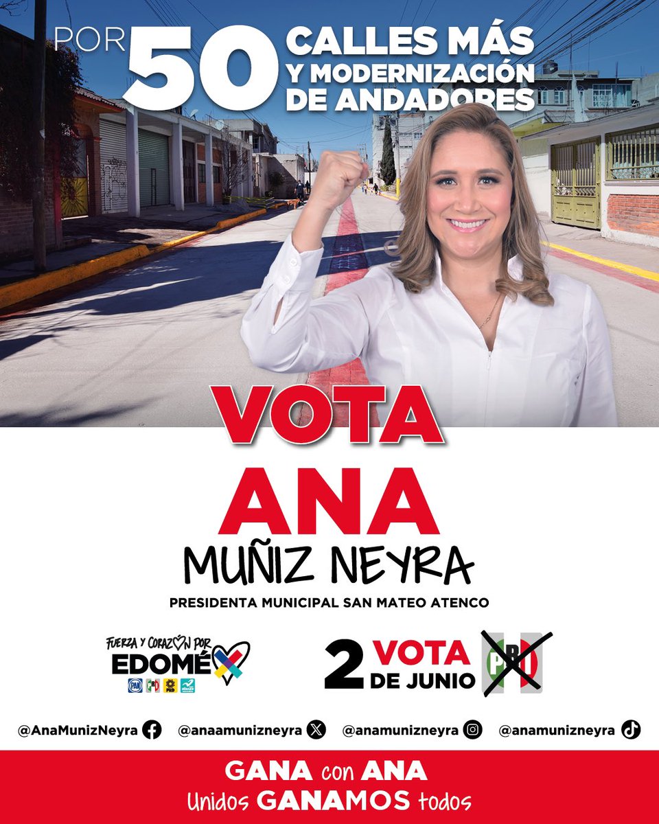¡Vamos por 50 calles más para que todas y todos transitemos por calles dignas! 

Con tu confianza seguiremos construyendo y modernizando vialidades para que nuestro municipio siga creciendo.

En #SanMateoAtenco, ¡#UnidosG𝗔𝗡𝗔mosTodos!
❤️💙💛🩵

Este #2deJunio, #VotaPorAna.