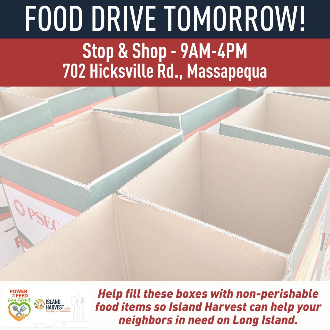 🌟Tomorrow is the summer's 1st #PowerToFeed Food Drive in #Massapequa! With the generous support of @StopandShop, we're partnering with @PSEGLI to make a difference in our #LongIsland communities. Come say 'Hi' and help us make a positive impact! 🥫🌞 #FoodDrive #IslandHarvest
