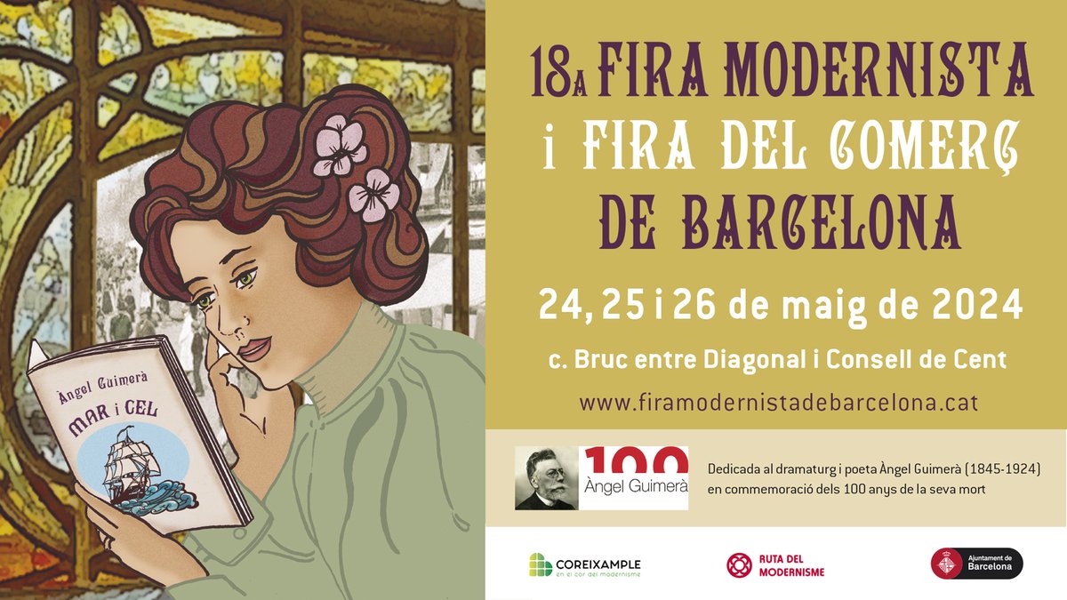 Coincidint amb la Festa Major de la #DretaEixample, demà comença la #FiraModernista i del Comerç, que celebra la 18a edició i està dedicada al dramaturg i poeta Àngel Guimerà.

🗓️ Del 24 al 26 de maig
📍 c. Bruc, entre av. Diagonal i Consell de Cent
ℹ️via.bcn/eNbn50RMS7e