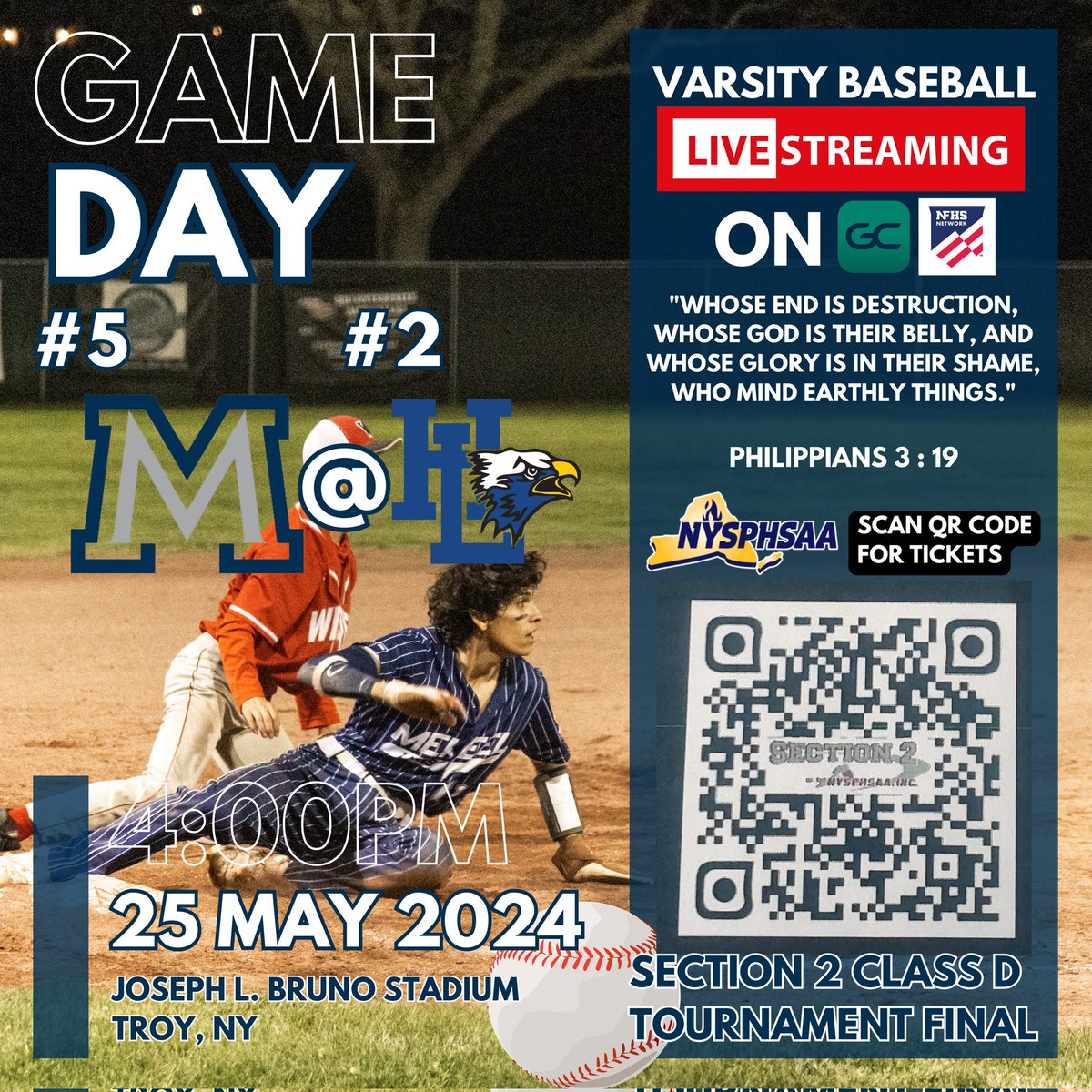 WilBernacet's tweet image. Come out on Saturday &amp;amp; support! We&apos;re playing for Mekeel Christian&apos;s 1st @Sect2athletics ⚾🏆 since 09&apos; when they were Schenectady Christian!

@NYSPHSAA #ClassD #518Baseball
🆚 @HadleyLuzerneCS ⚾
🗓️ Saturday, May 25th
🕜 4:00 pm
🏟️ Joe Bruno Stadium
📊 🎥 @gcsports @NFHSNetwork