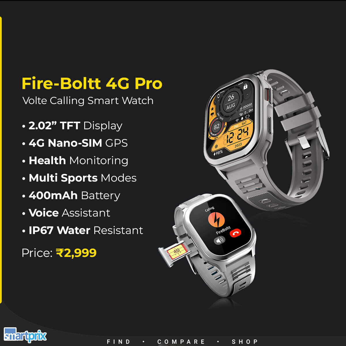 Smartprix's tweet photo. Fire-Boltt 4G Pro Volte Calling Smartwatch launched at ₹2,999 https://t.co/5tjpySW3A5

#Smartwatch #FireBoltt #Volte #CallingSmartwatch https://t.co/cfFiYRUw7K