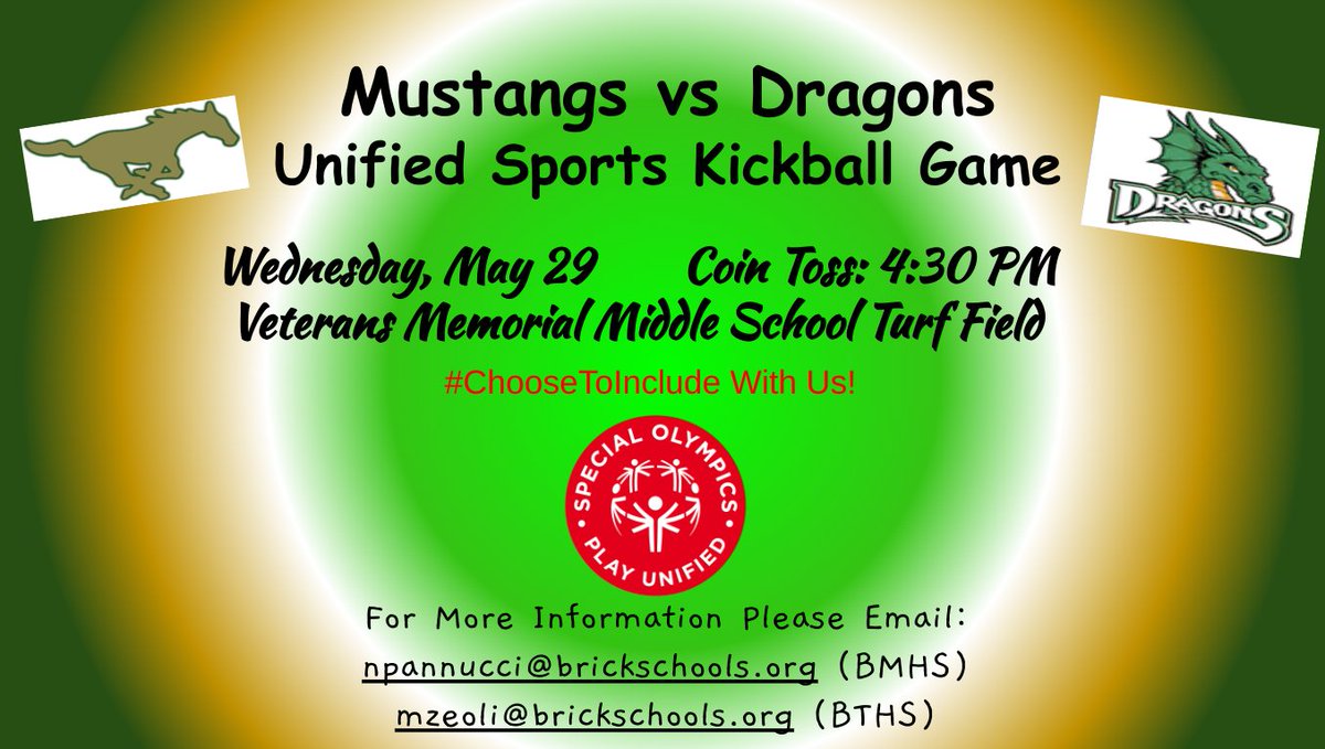 TODAY! Come one, come all to the @VMMSMustangs Turf Field - 4:30 PM! The @BrickMemorialHS Mustangs & @BTHSDragons will be battling it out on the Kickball Field in the Unified Sports game of the year! #playUNIFIED #ChooseToInclude #InclusionMatters @TownshipofBrick @BTPSLearns